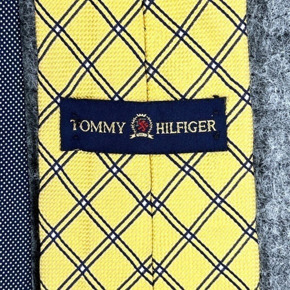 Tommy Hilfiger Silk Necktie Mens OS Yellow Grid Check Navy Dot USA Made Preppy